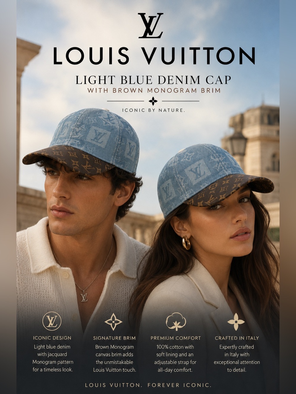 New! Louis Vuitton Light Blue Denim Cap with Brown Monogram Brim